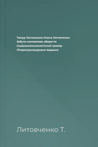 Тимур Литовченко Олена Литовченко Забути неможливо зберегти Соціальнопсихологічний трилер Літературнохудожнє видання